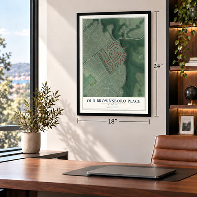 Old Brownsboro Place, Kentucky map, 18 x 24 inch print in a black frame in a home office