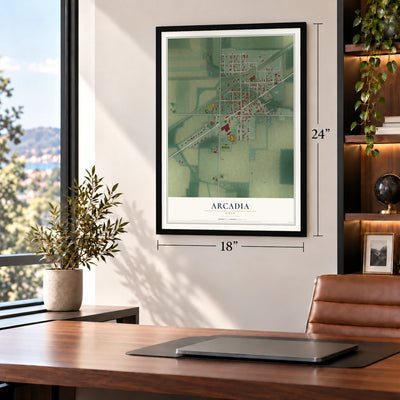 Arcadia, Ohio map, 18 x 24 inch print in a black frame in a home office