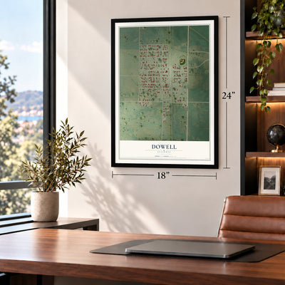 Dowell, Illinois map, 18 x 24 inch print in a black frame in a home office