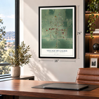 Galien, Michigan map, 18 x 24 inch print in a black frame in a home office