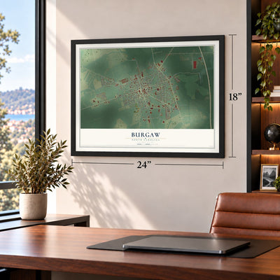 Burgaw, North Carolina map, 18 x 24 inch print in a black frame in a home office
