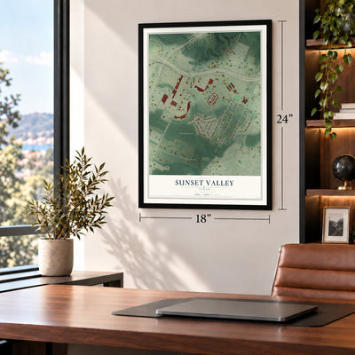 Sunset Valley, Texas map, 18 x 24 inch print in a black frame in a home office