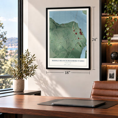 Middle Branch-Reedbird Parks, Maryland map, 18 x 24 inch print in a black frame in a home office