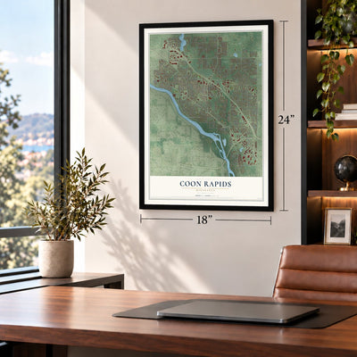 Coon Rapids, Minnesota map, 18 x 24 inch print in a black frame in a home office