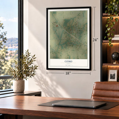 Como, Texas map, 18 x 24 inch print in a black frame in a home office