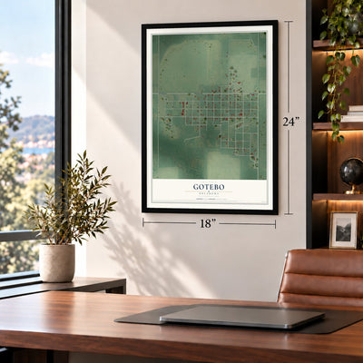 Gotebo, Oklahoma map, 18 x 24 inch print in a black frame in a home office