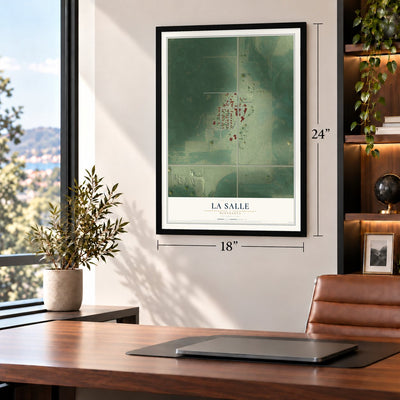 La Salle, Minnesota map, 18 x 24 inch print in a black frame in a home office