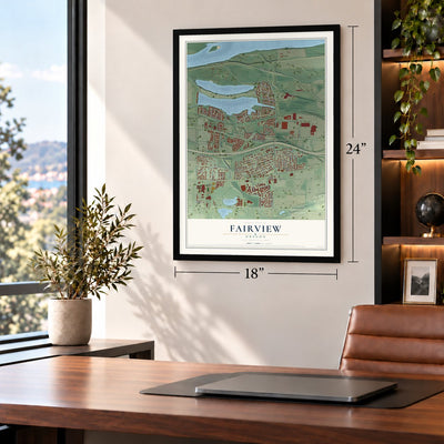 Fairview, Oregon map, 18 x 24 inch print in a black frame in a home office