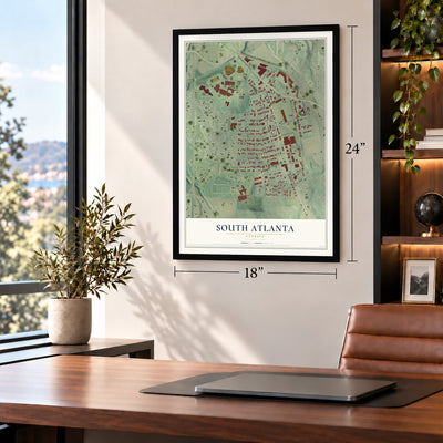 South Atlanta, Georgia map, 18 x 24 inch print in a black frame in a home office
