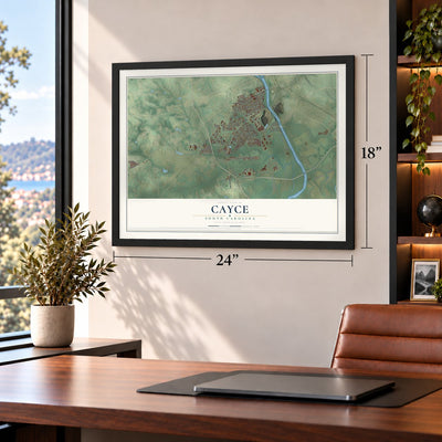 Cayce, South Carolina map, 18 x 24 inch print in a black frame in a home office
