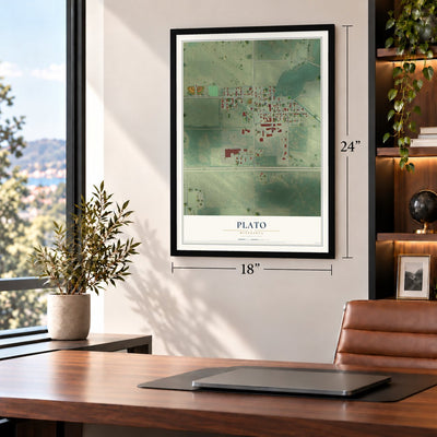 Plato, Minnesota map, 18 x 24 inch print in a black frame in a home office