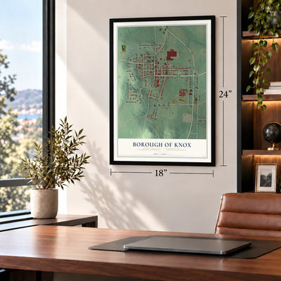 Borough of Knox, Clarion County, Pennsylvania map, 18 x 24 inch print in a black frame in a home office