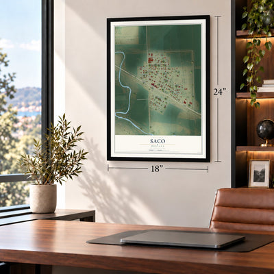 Saco, Montana map, 18 x 24 inch print in a black frame in a home office