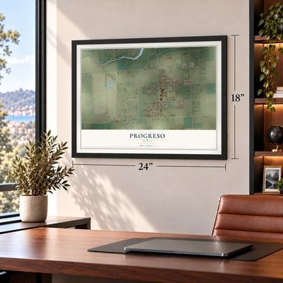Progreso, Texas map, 18 x 24 inch print in a black frame in a home office
