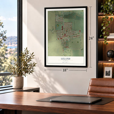 Leland, Illinois map, 18 x 24 inch print in a black frame in a home office