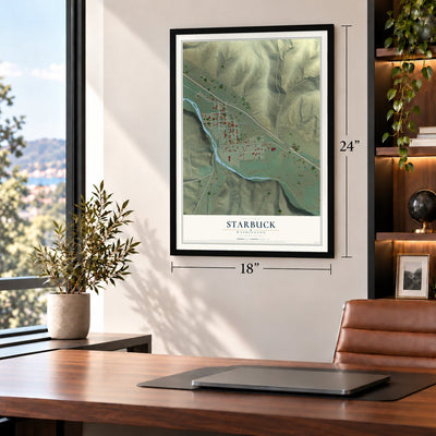 Starbuck, Washington map, 18 x 24 inch print in a black frame in a home office