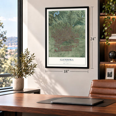 Glendora, California map, 18 x 24 inch print in a black frame in a home office