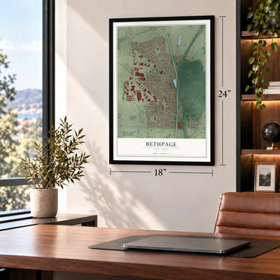 Bethpage, New York map, 18 x 24 inch print in a black frame in a home office