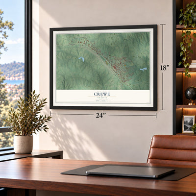 Crewe, Virginia map, 18 x 24 inch print in a black frame in a home office