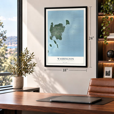 Washington, Door County, Wisconsin map, 18 x 24 inch print in a black frame in a home office