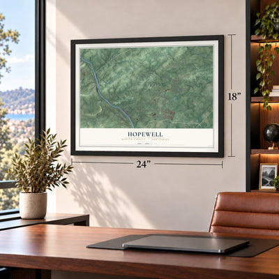 Hopewell, Mercer County, New Jersey map, 18 x 24 inch print in a black frame in a home office