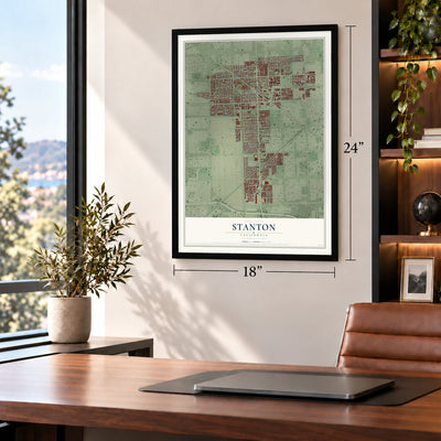 Stanton, California map, 18 x 24 inch print in a black frame in a home office