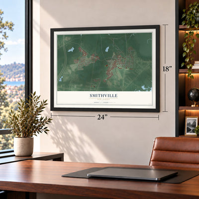 Smithville, New Jersey map, 18 x 24 inch print in a black frame in a home office