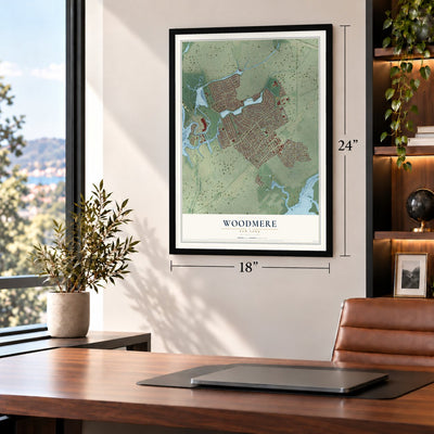 Woodmere, New York map, 18 x 24 inch print in a black frame in a home office
