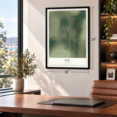 Roe, Arkansas map, 18 x 24 inch print in a black frame in a home office