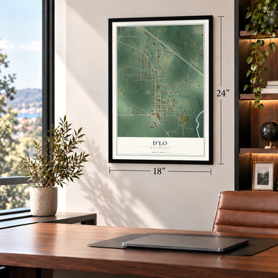 D'Lo, Mississippi map, 18 x 24 inch print in a black frame in a home office
