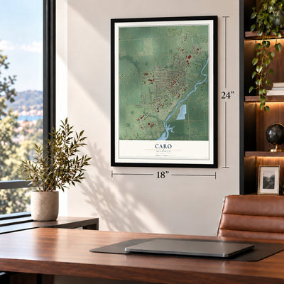 Caro, Michigan map, 18 x 24 inch print in a black frame in a home office