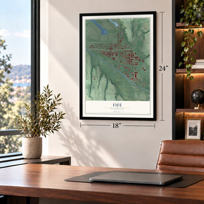 Fife, Washington map, 18 x 24 inch print in a black frame in a home office