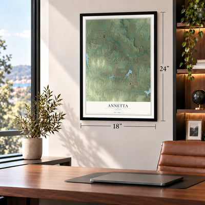 Annetta, Texas map, 18 x 24 inch print in a black frame in a home office