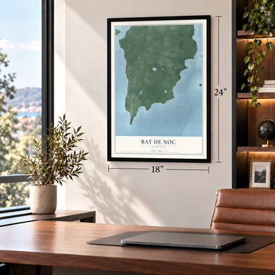 Bay de Noc, Michigan map, 18 x 24 inch print in a black frame in a home office