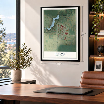 Des Lacs, North Dakota map, 18 x 24 inch print in a black frame in a home office
