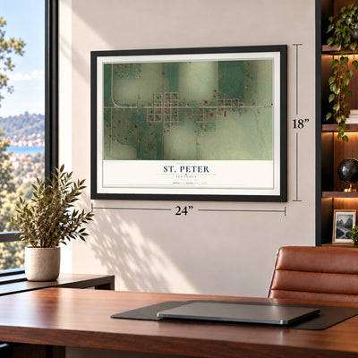 St. Peter, Illinois map, 18 x 24 inch print in a black frame in a home office