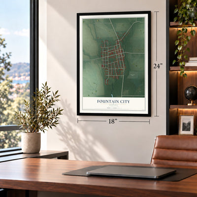 Fountain City, Indiana map, 18 x 24 inch print in a black frame in a home office
