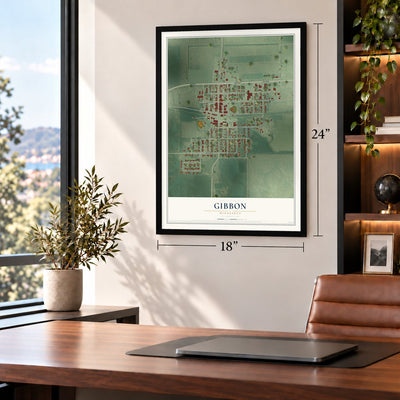 Gibbon, Minnesota map, 18 x 24 inch print in a black frame in a home office