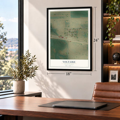 Voltaire, North Dakota map, 18 x 24 inch print in a black frame in a home office