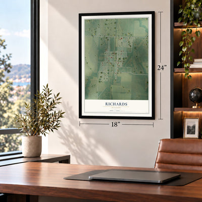 Richards, Missouri map, 18 x 24 inch print in a black frame in a home office