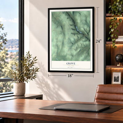 Grove, New York map, 18 x 24 inch print in a black frame in a home office