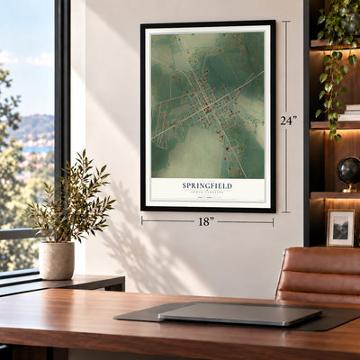 Springfield, South Carolina map, 18 x 24 inch print in a black frame in a home office