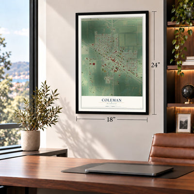 Coleman, Michigan map, 18 x 24 inch print in a black frame in a home office