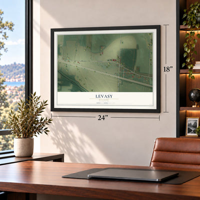 Levasy, Missouri map, 18 x 24 inch print in a black frame in a home office