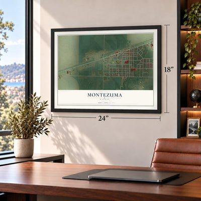 Montezuma, Kansas map, 18 x 24 inch print in a black frame in a home office