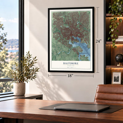 Baltimore, Maryland map, 18 x 24 inch print in a black frame in a home office