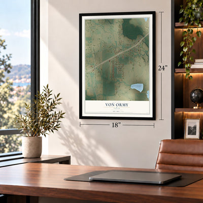 Von Ormy, Texas map, 18 x 24 inch print in a black frame in a home office