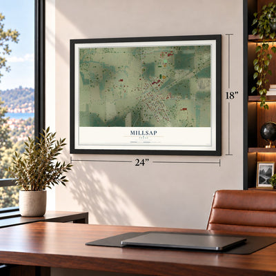 Millsap, Texas map, 18 x 24 inch print in a black frame in a home office