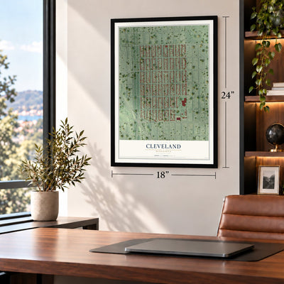 Cleveland, Minneapolis, Minnesota map, 18 x 24 inch print in a black frame in a home office