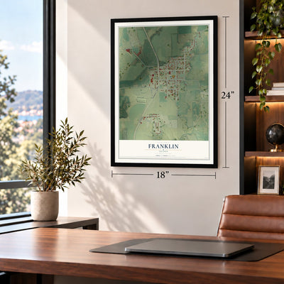 Franklin, Idaho map, 18 x 24 inch print in a black frame in a home office